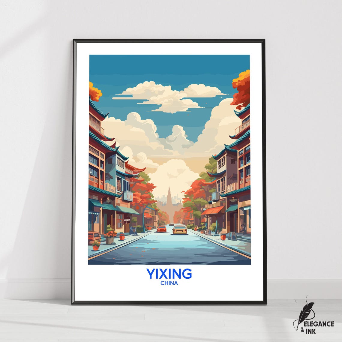 Yixing China Old Town Street Daytime Travel Illustration Poster