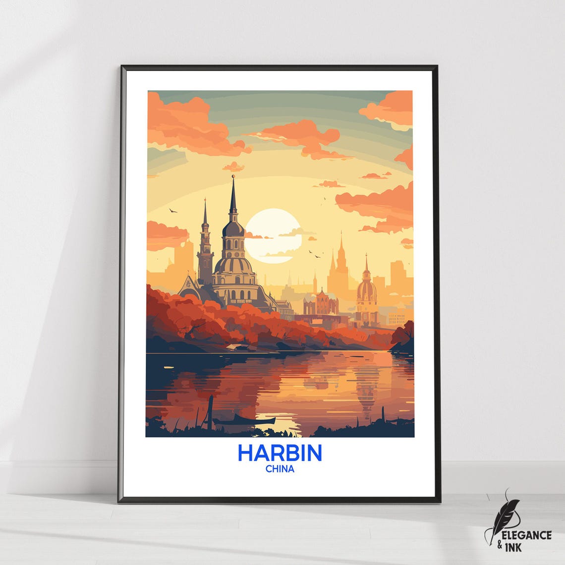 Harbin China Saint Sophia Cathedral Sunset River Travel Poster