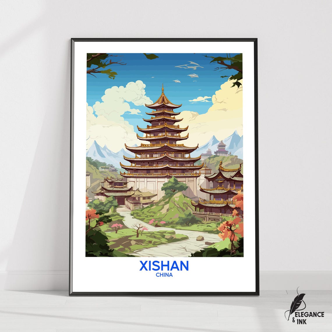 Xishan China Ancient Multi Tier Pagoda Vintage Travel Poster