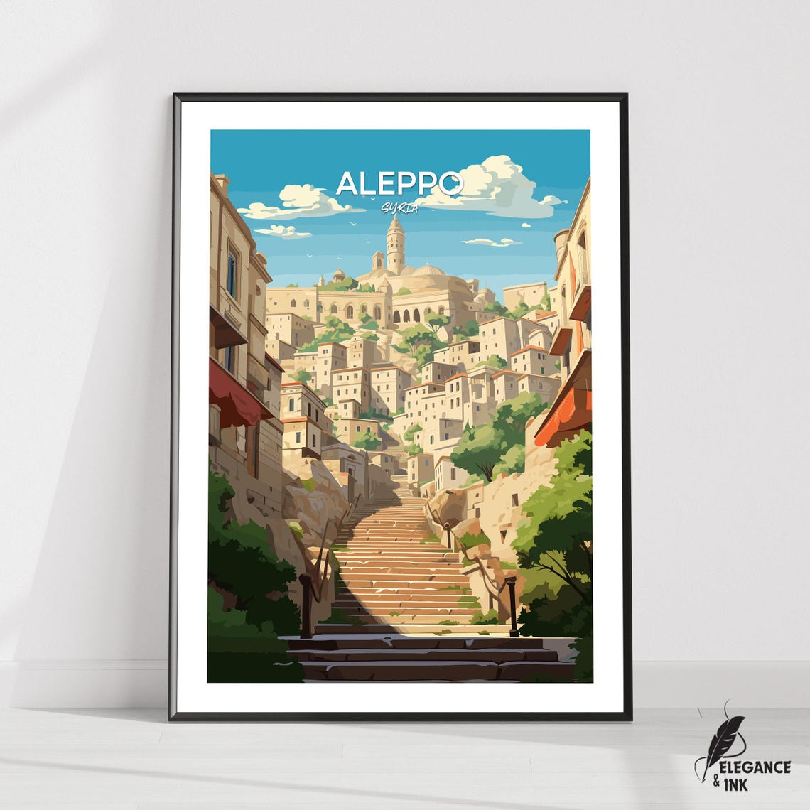 Aleppo Syria Retro Old Town Hillside Staircase Travel Poster