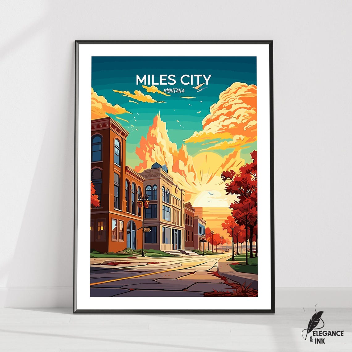 Miles City Montana Sunset Skyline Text Downtown Illustration Poster