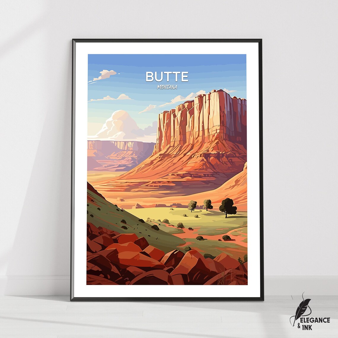Butte Montana Red Rock Canyon Desert Mesa Top-Text Illustration Poster