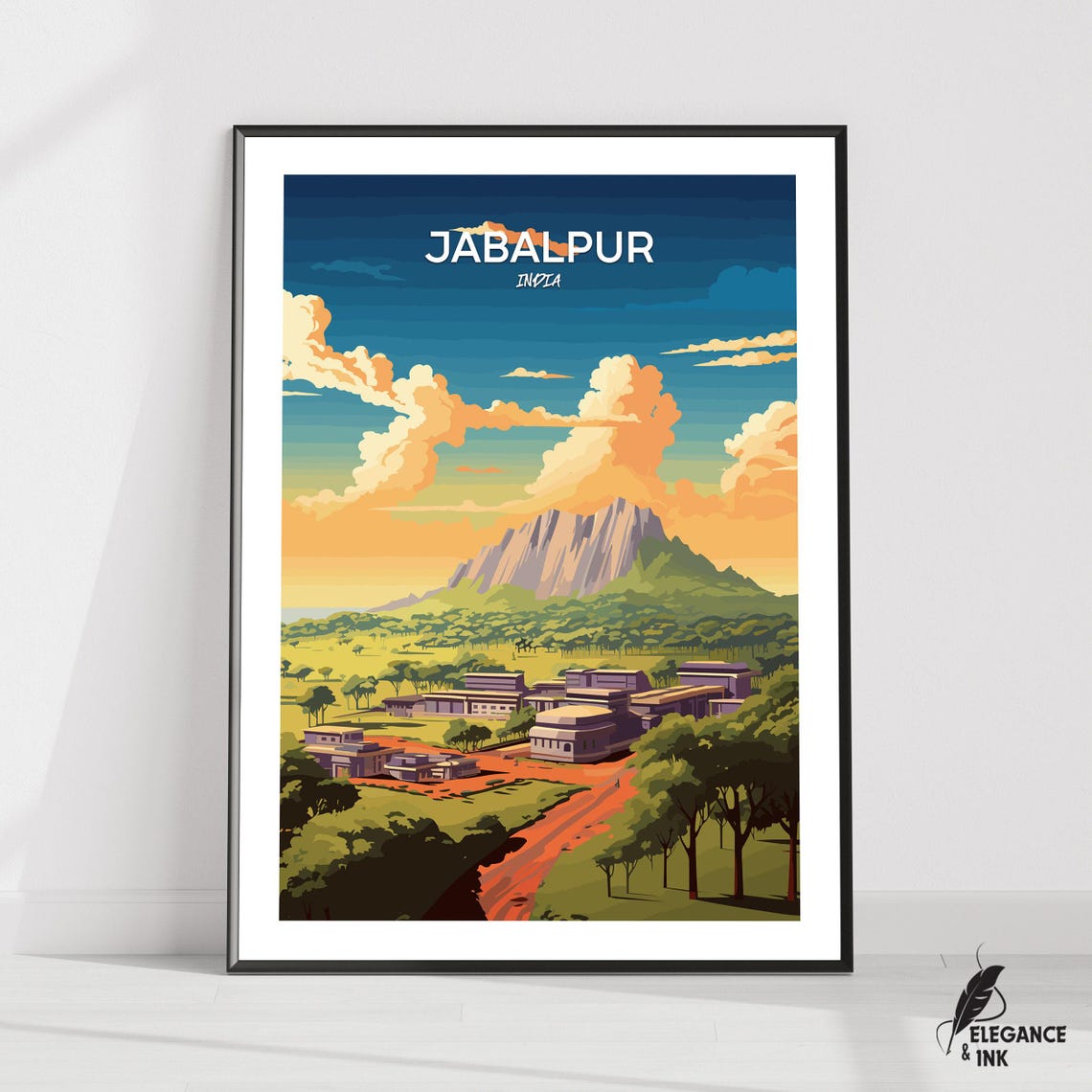Jabalpur India Rocky Mountain Valley Town Vintage Travel Poster