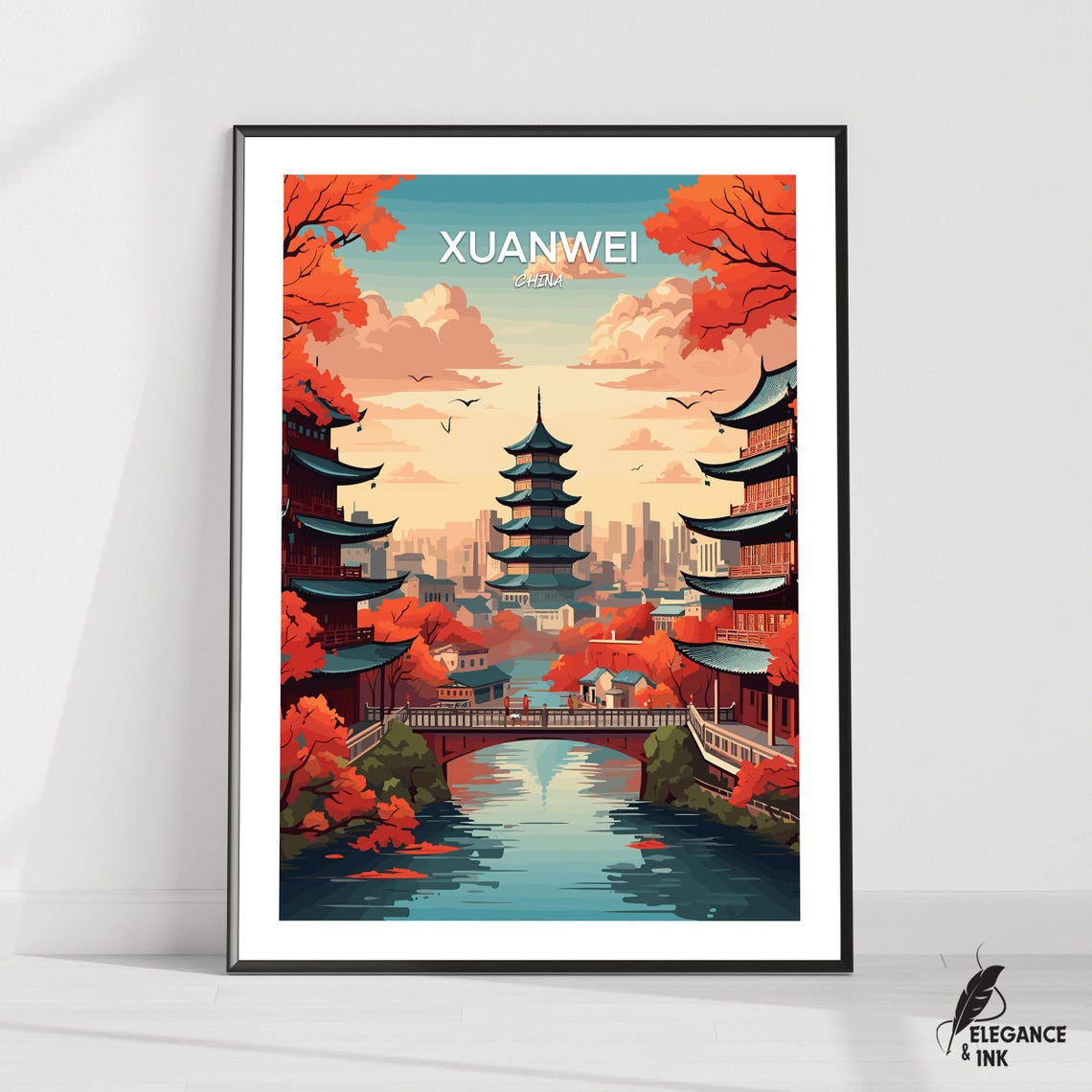 Xuanwei China Serene Pagoda Riverside Daytime Illustration Poster