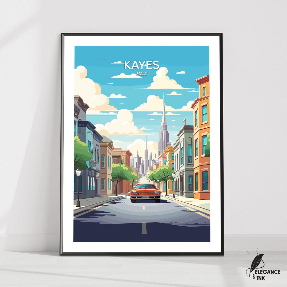 Kayes Mali Street Travel Poster in Warm Sunlight with a Classic Car