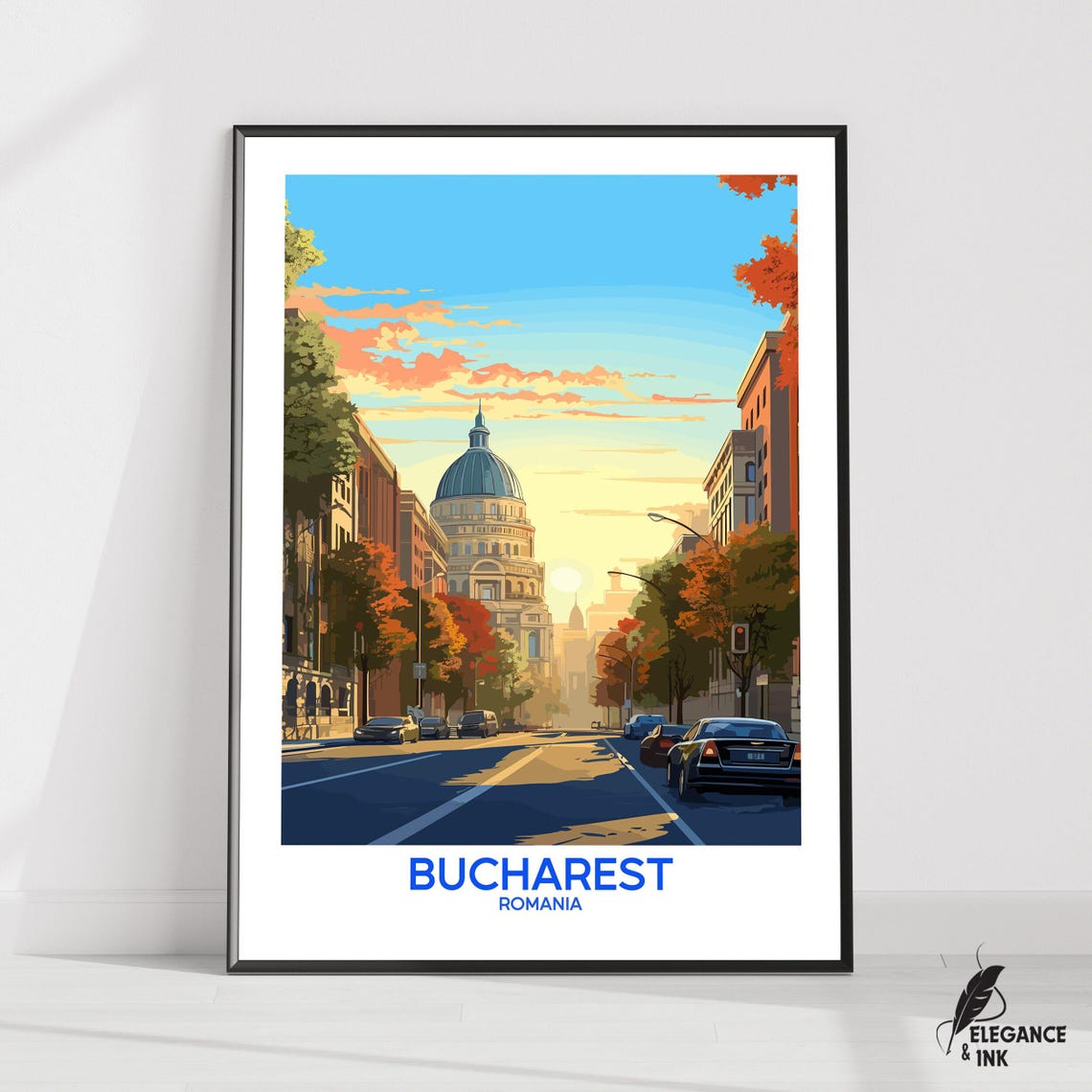 Bucharest Romania Sunset Street Poster with Domed Building and Cars