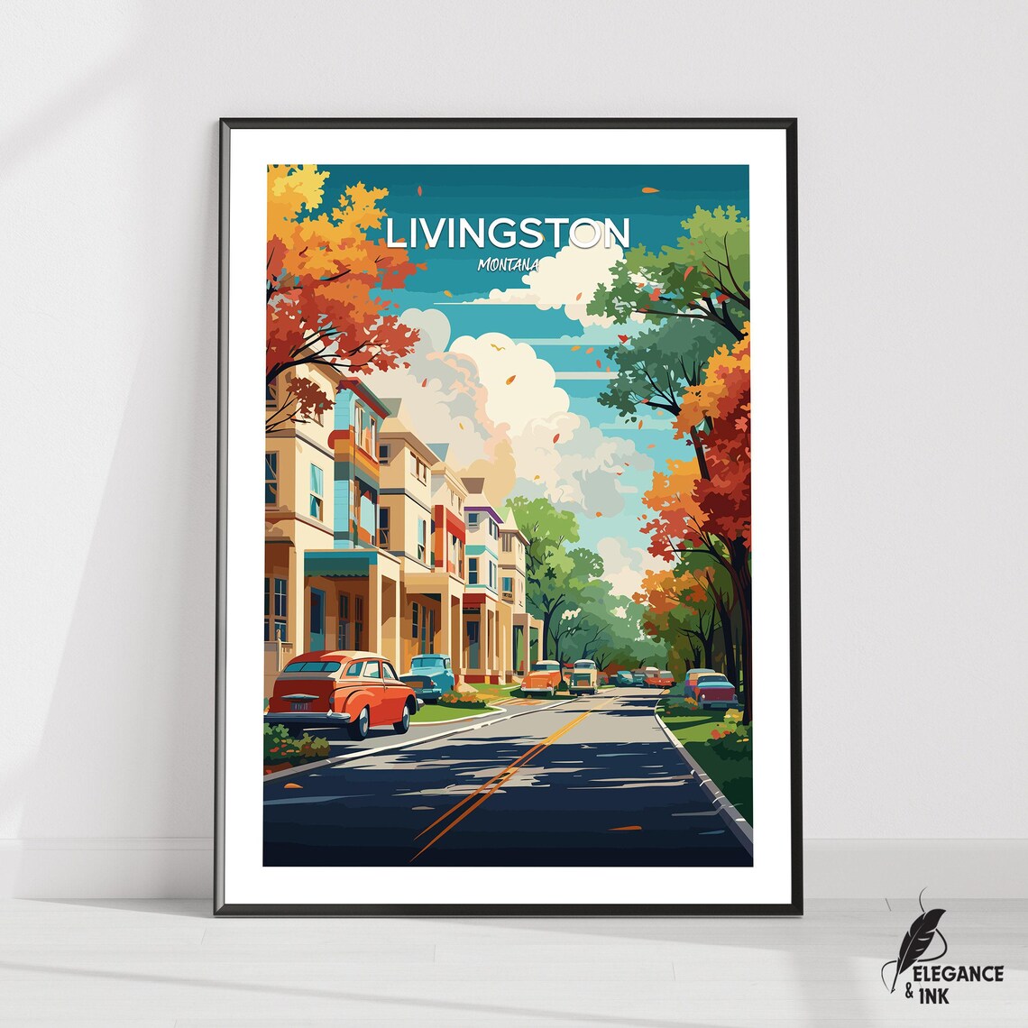 Livingston Montana Autumn Street Illustration Skyline Text Poster