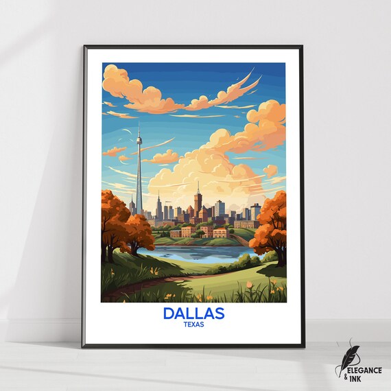 Dallas Texas Skyline Autumn Trees Lake Colorful City Travel Poster