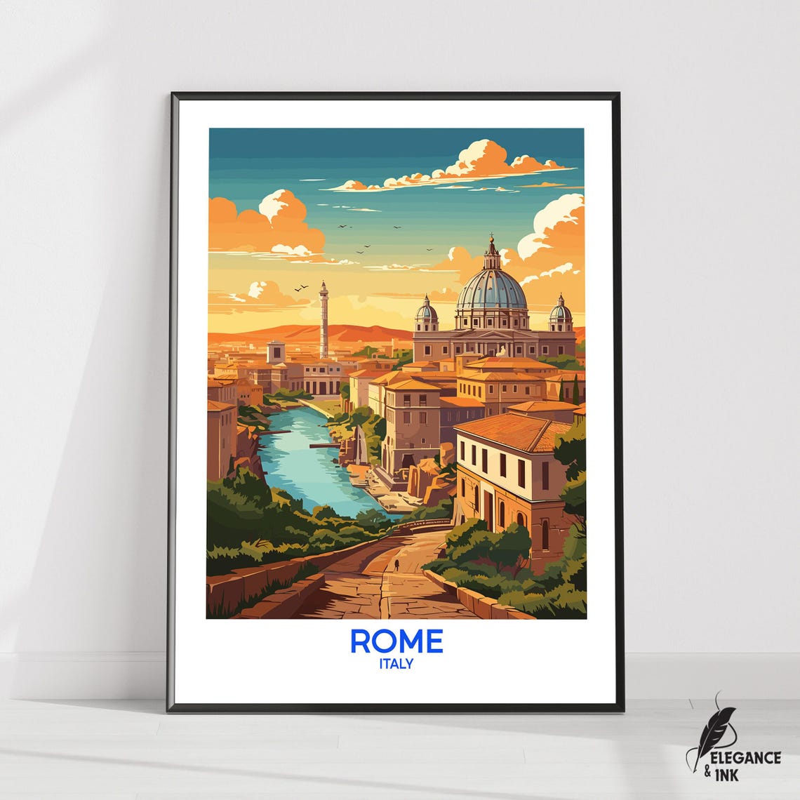 Rome Italy Sunset River Dome Vintage Travel Illustration Poster