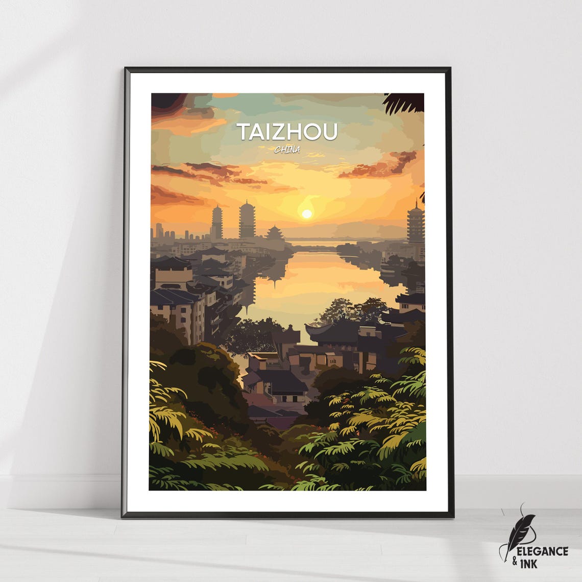 Taizhou China Illustrated Sunset River Cityscape Travel Poster
