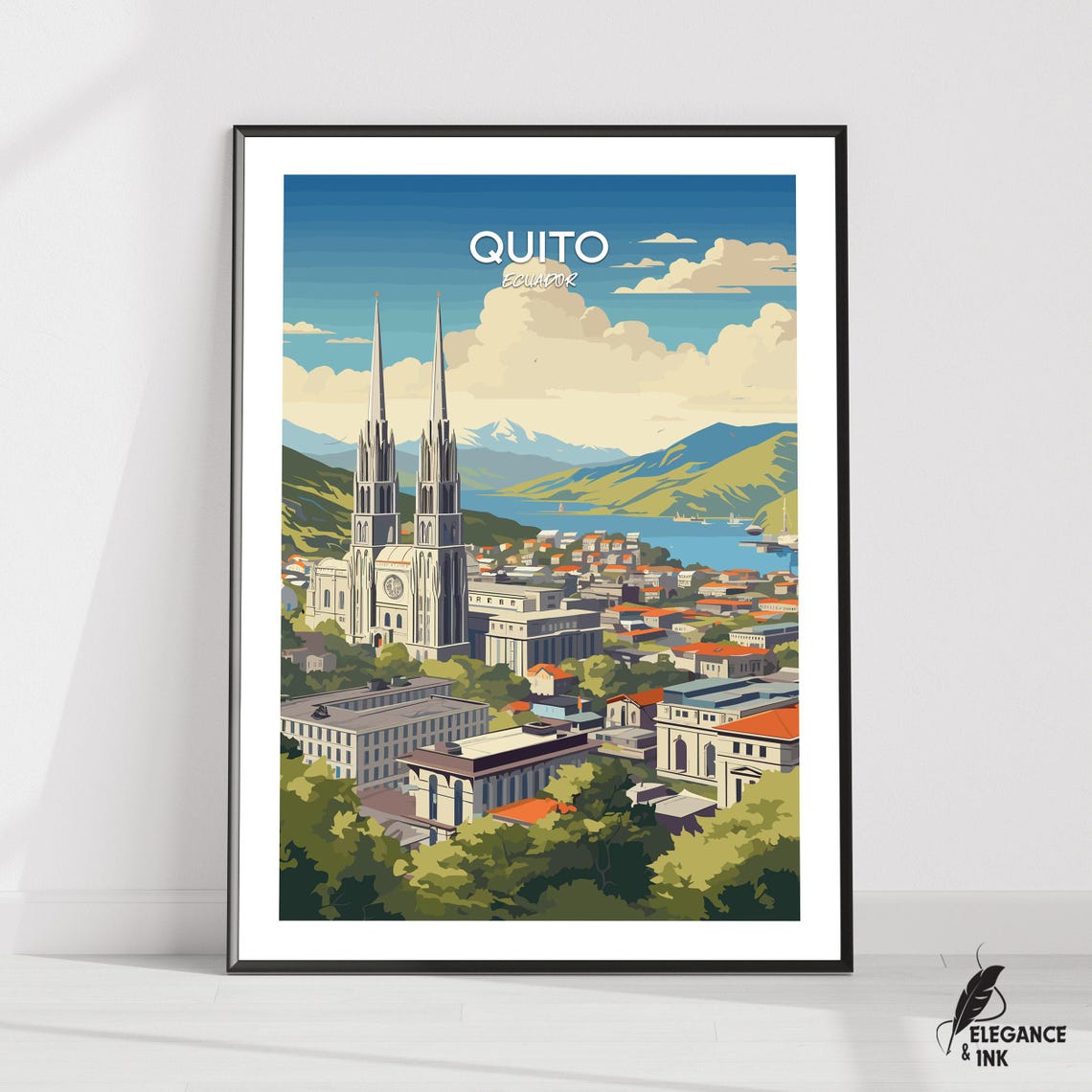 Quito Ecuador Twin Spired Basilica Mountain View Travel Poster