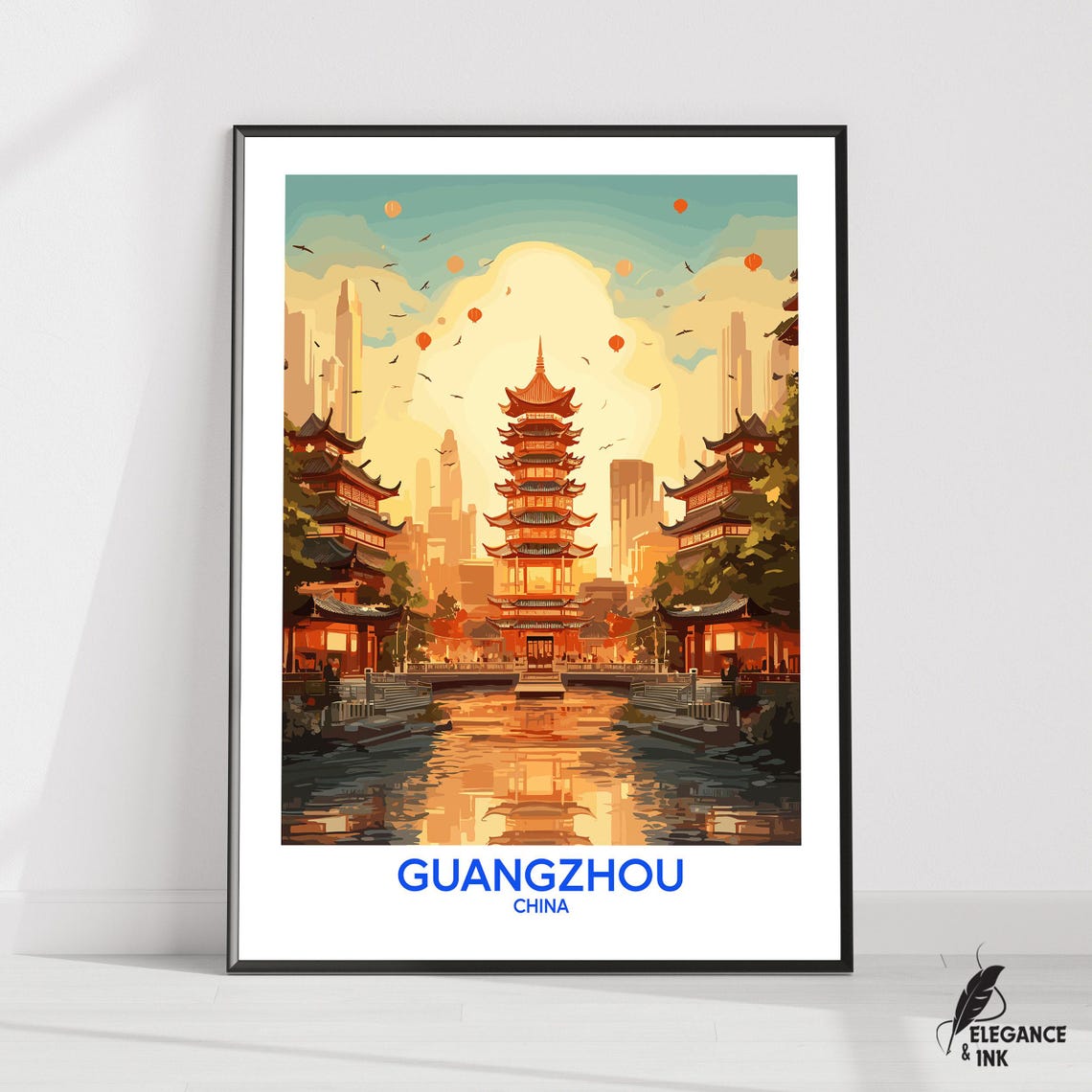 Guangzhou China Riverside Pagoda Sunset Vintage Travel Poster