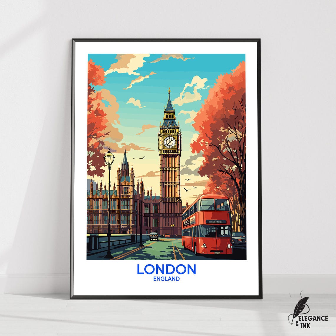 London England Big Ben Autumn Trees Retro Illustration Travel Poster