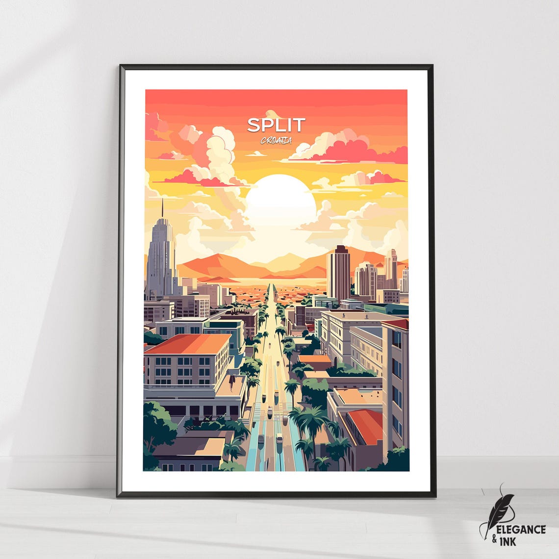 Split Croatia Sunset Skyline Bold Text Vintage Travel Poster
