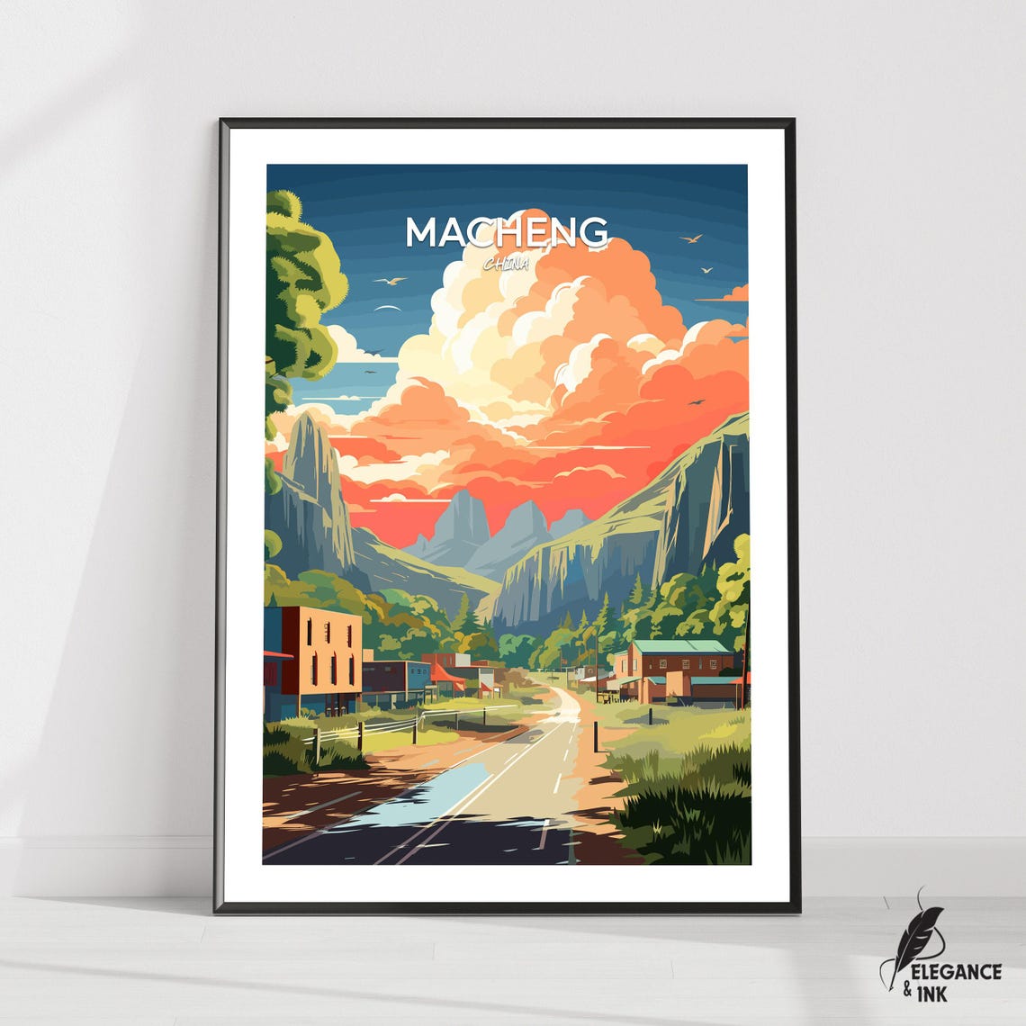 Macheng China Mountain Valley Golden Sunset Retro Travel Poster