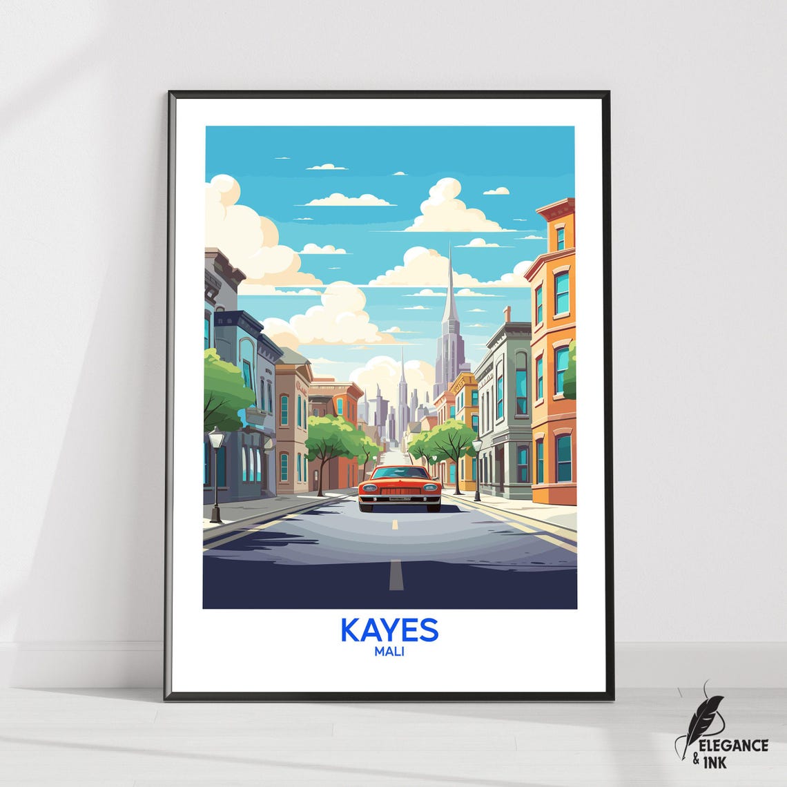 Kayes Mali City Street Travel Poster with a Classic Red Car Downtown
