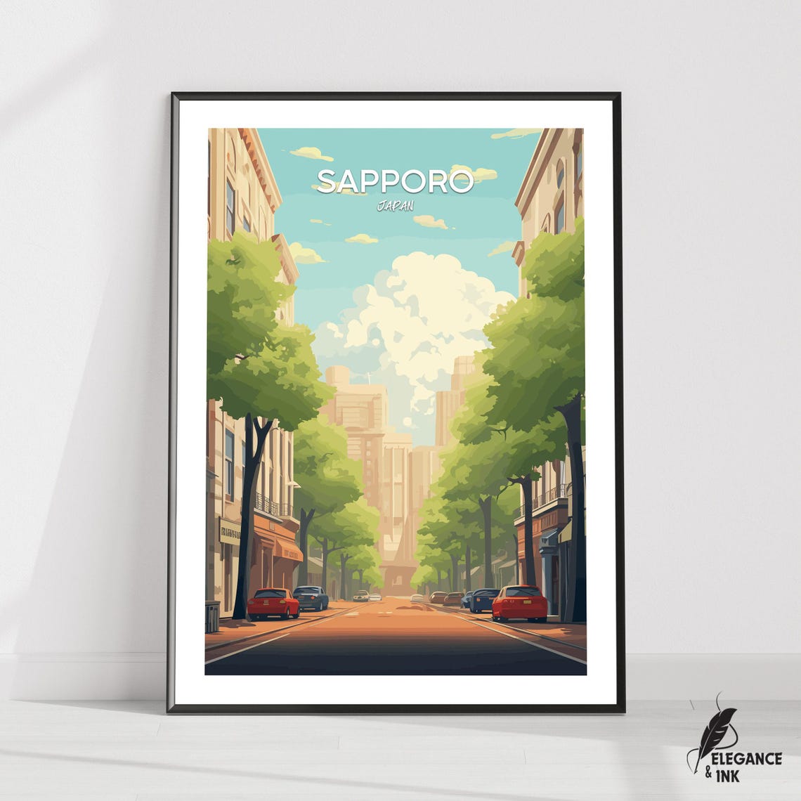 Sapporo Japan Tree Lined Avenue Summer Illustrated Travel Poster