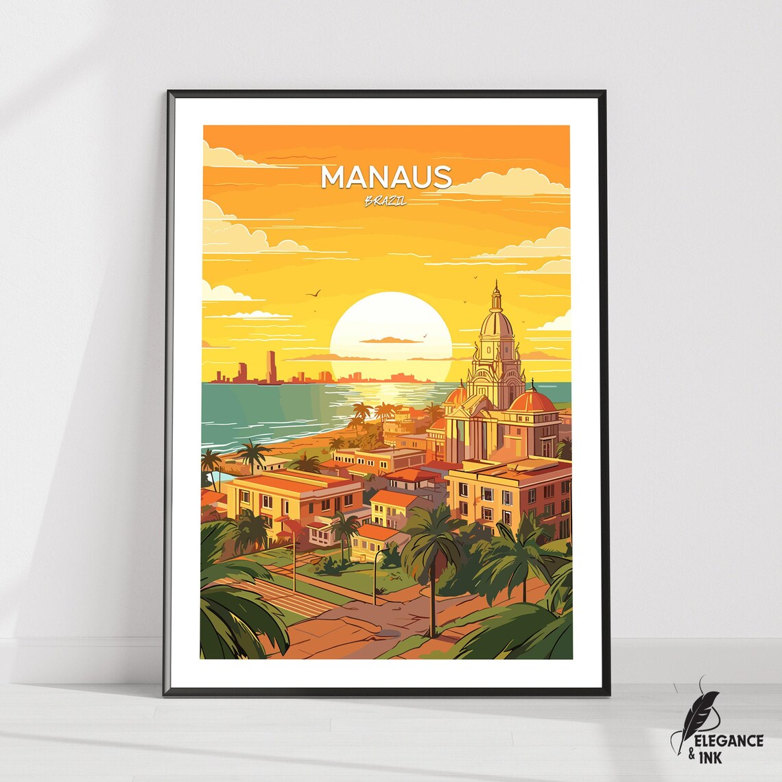 Manaus Brazil Golden Sunset Church Riverside Vintage Travel Poster