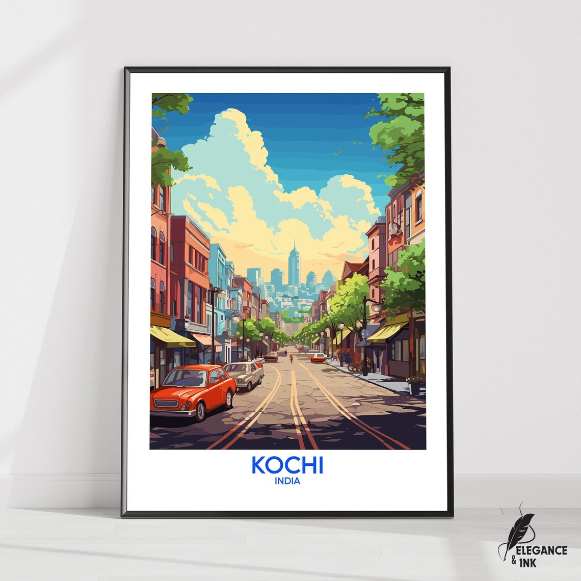 Kochi India Colonial Street Scene Retro Travel Illustration Poster