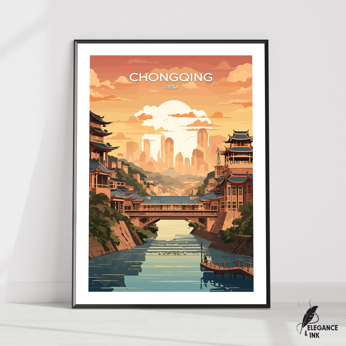 Retro Chongqing China River Bridge With Pagodas at Sunset Poster