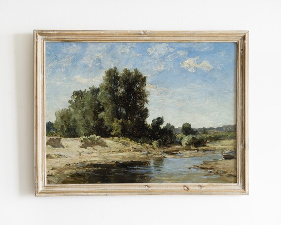Vintage Landscape River Oil Painting, Farmhouse Poster