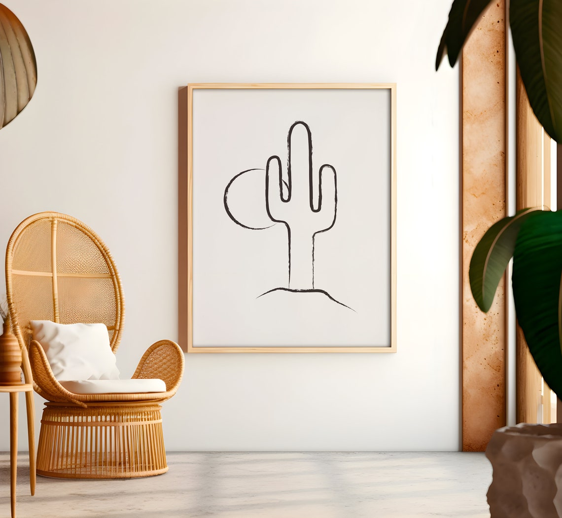 Saguaro Cactus Sun One Line Art Minimalist Desert Boho Drawing Poster