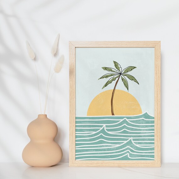 Boho Ocean Print Beach Sun Abstract Landscape Art Waves Prints Palm Tree Drawing Wall