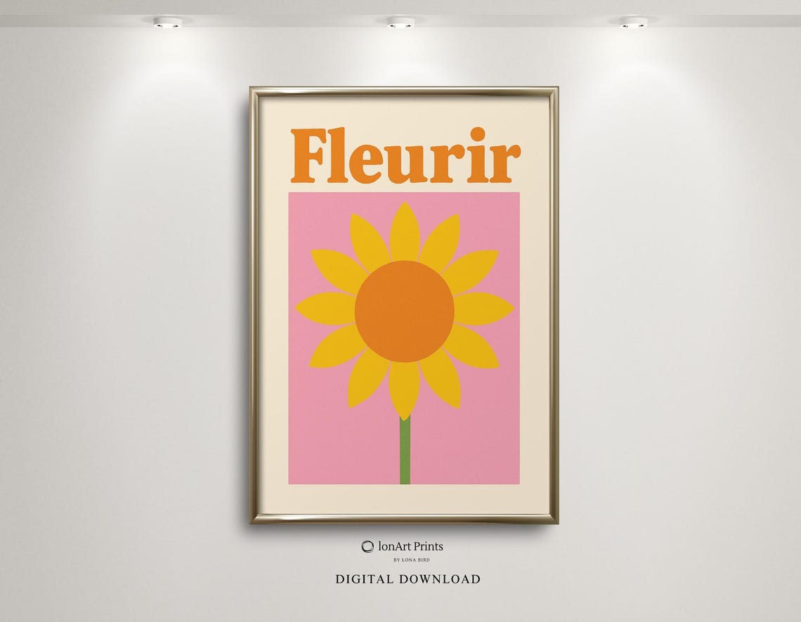 Fleurir Retro Sunflower Bloom Poster In Bold Pink And Orange Style