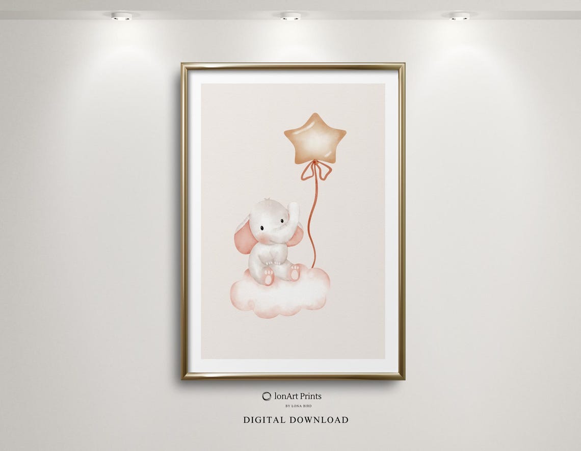 Baby Elephant Cloud Star Balloon Watercolor Nursery Room Poster