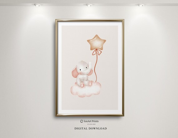 Baby Elephant Cloud Star Balloon Watercolor Nursery Room Poster