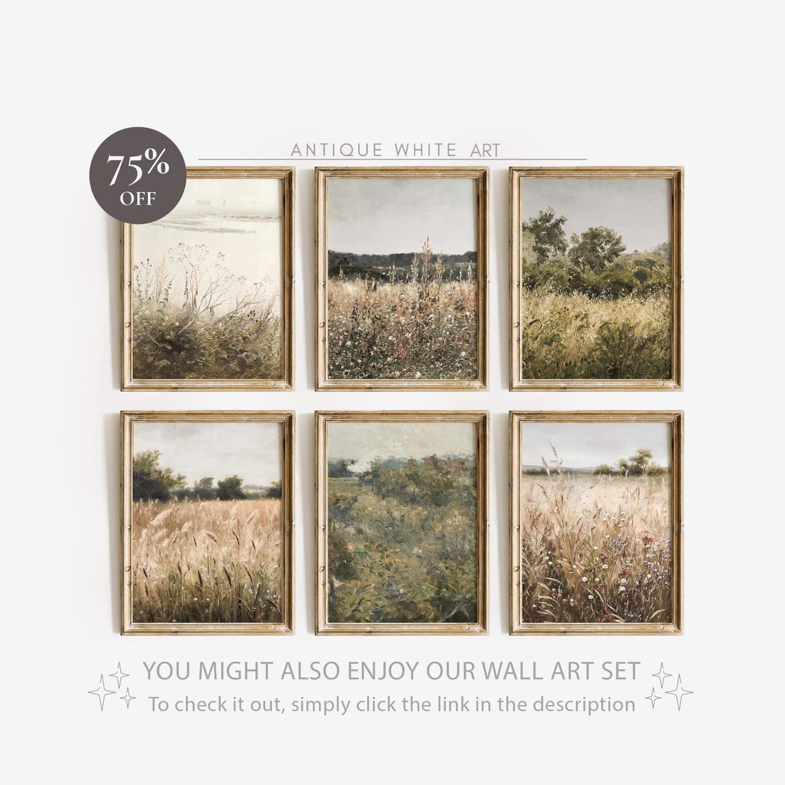 White Daisies in Golden Meadow Vintage Wildflower Landscape Poster - Image 2