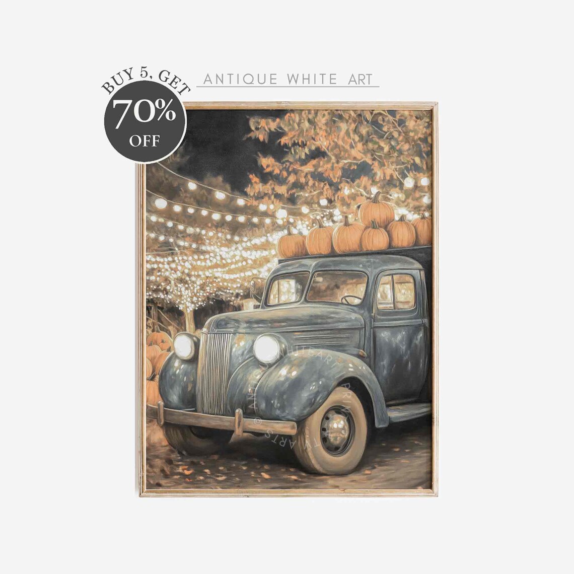 Vintage Blue Truck Pumpkins Night String Lights Fall Harvest Art Poster