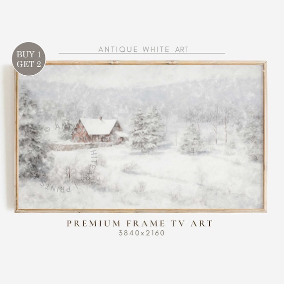 Snowy Winter Landscape, Vintage Farmhouse Christmas Art