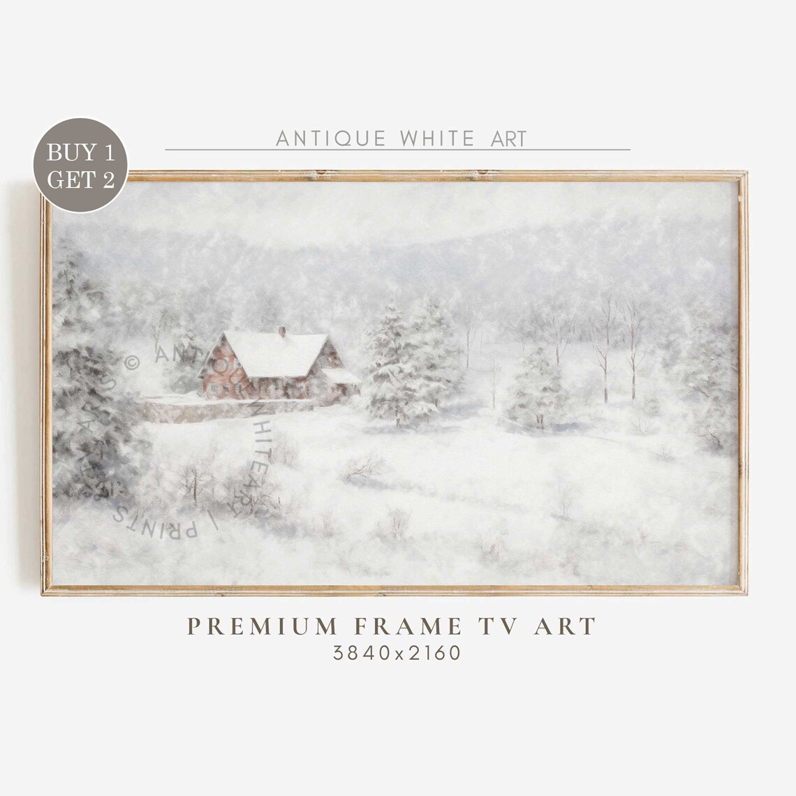 Snowy Winter Landscape, Vintage Farmhouse Christmas Art