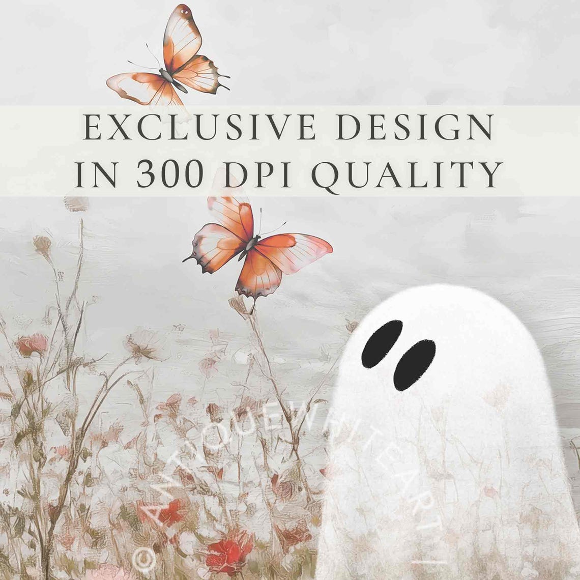 Cute Ghost in Wildflower Field Halloween Autumn Spooky Art Print - Image 3