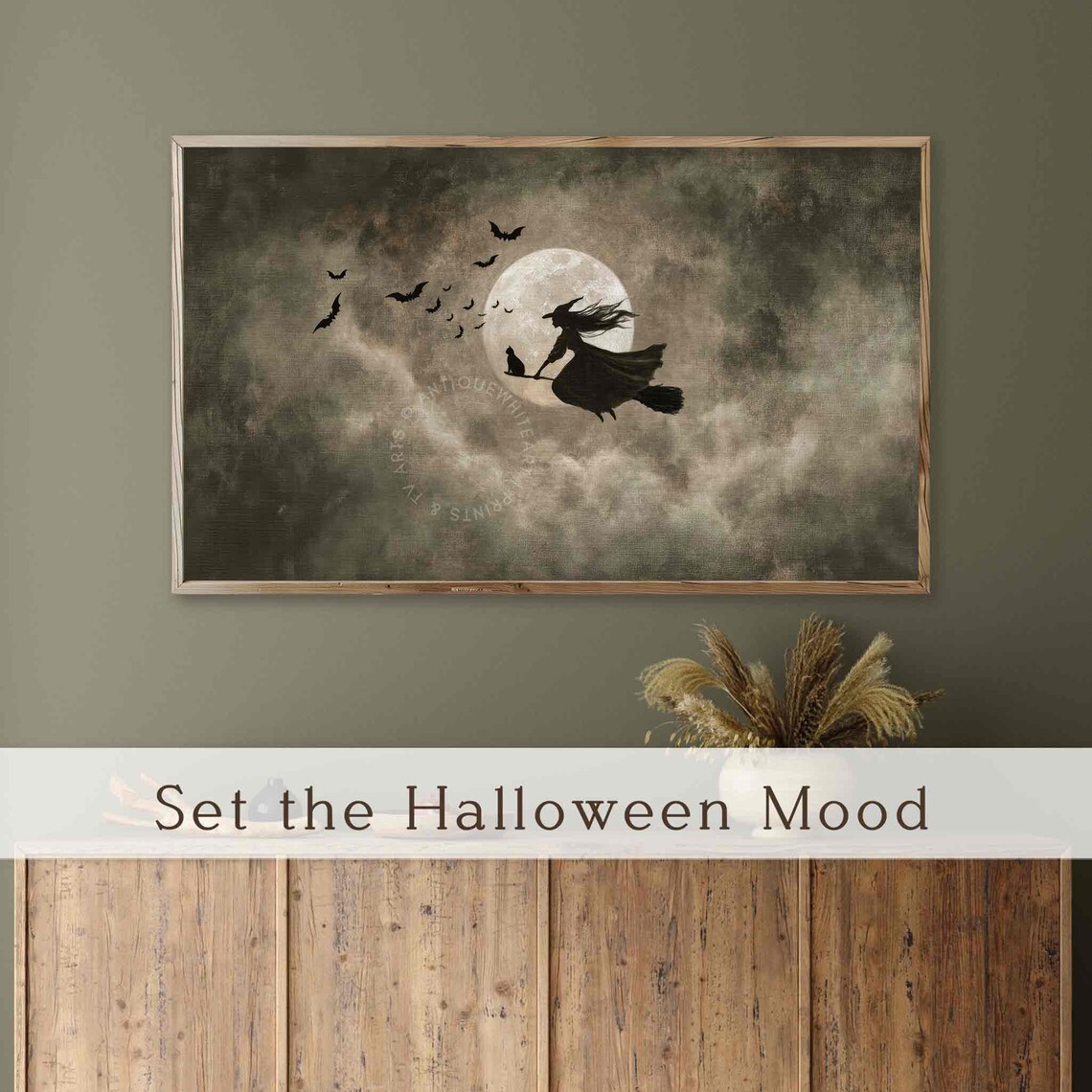 Halloween Witch On Broomstick Oil Painting Art Print - Image 4