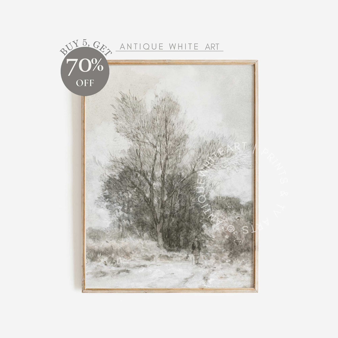 Sketch Winter Tree Path Lonely Figure Vintage Neutral Landscape Print