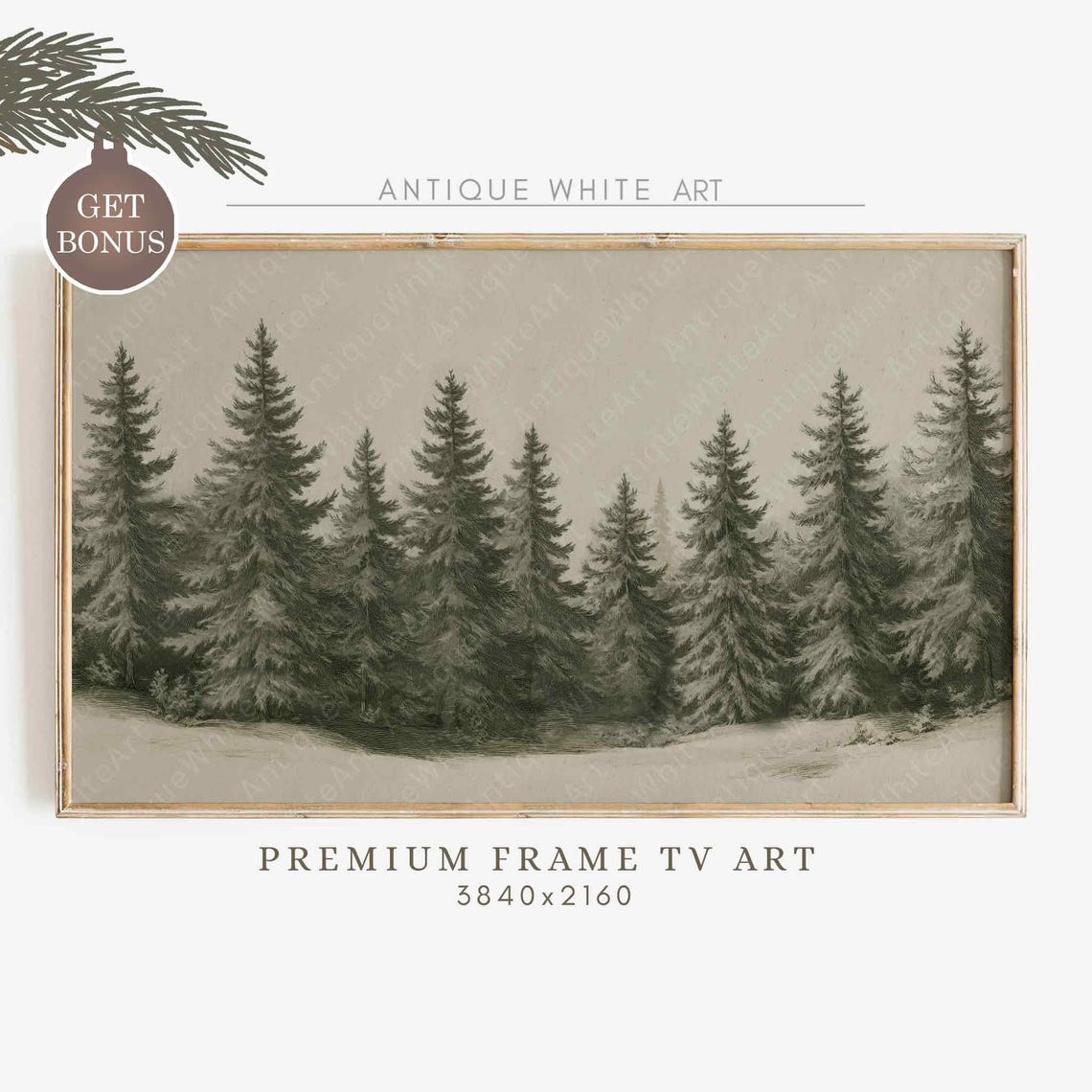 Row Of Snowy Evergreen Trees Vintage Winter Sketch Forest Wall Art