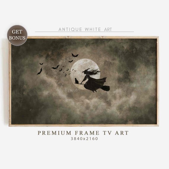 Halloween Witch On Broomstick Oil Painting Art Print
