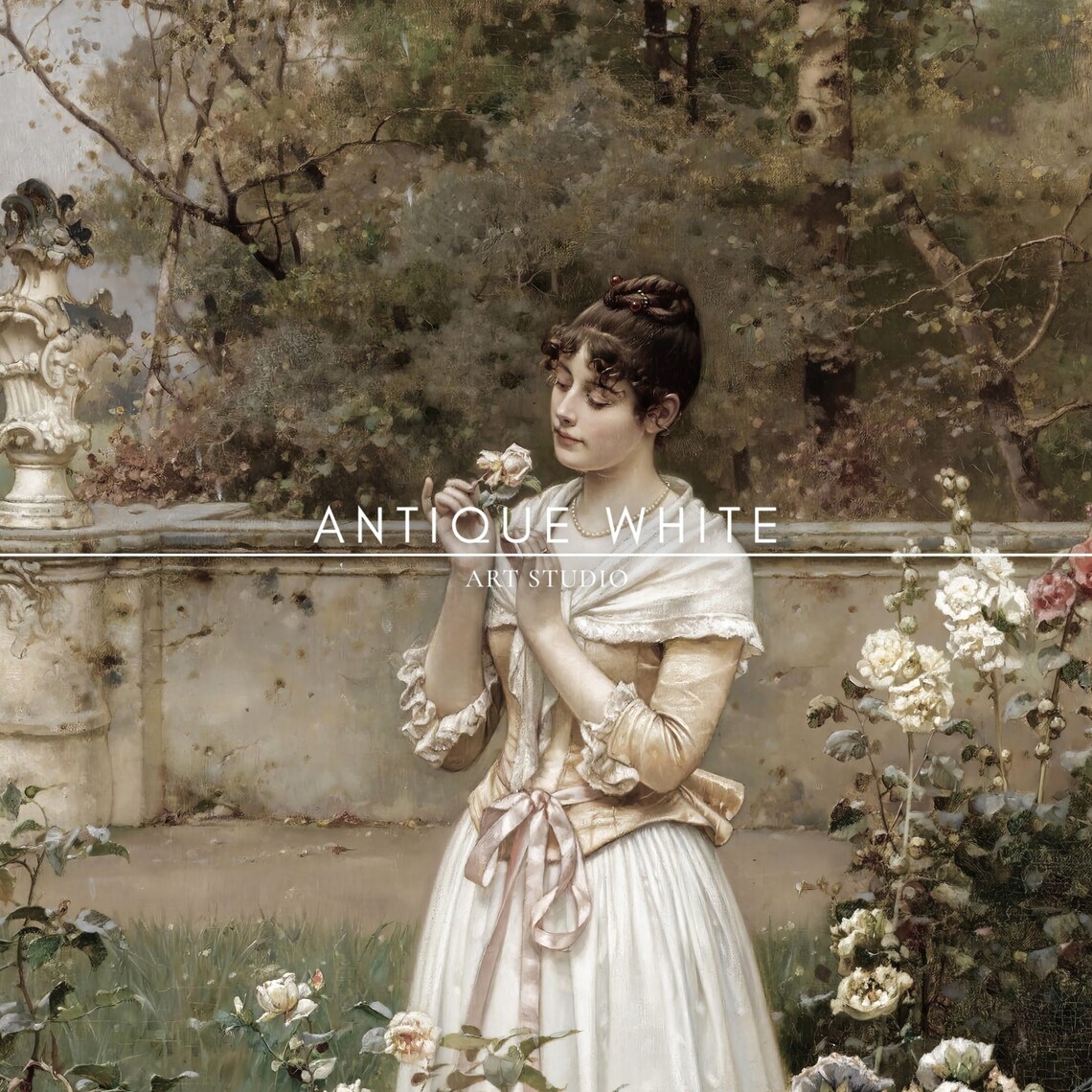 Elegant Lady in French Garden, Vintage Art Print - Image 3