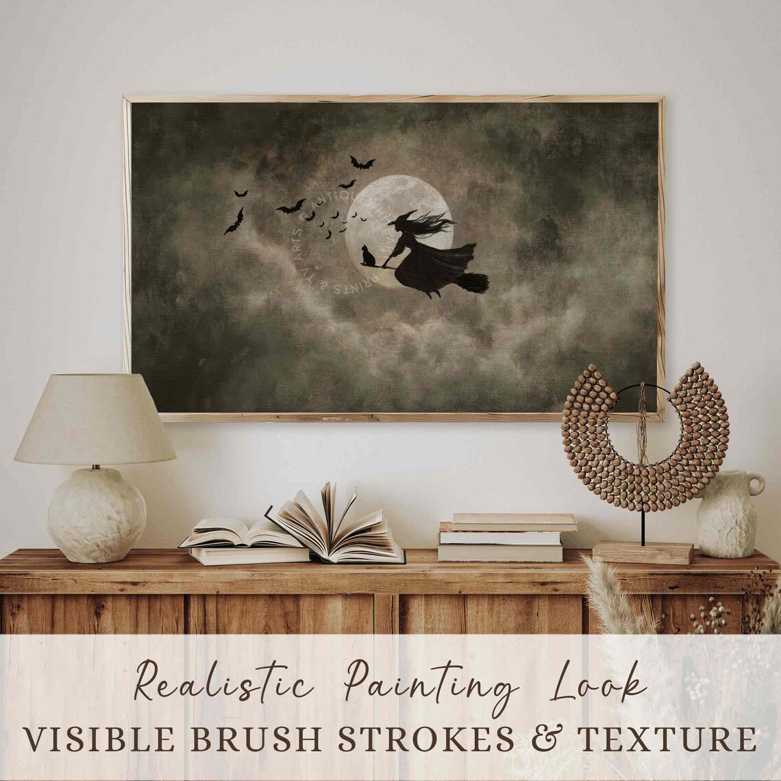Halloween Witch On Broomstick Oil Painting Art Print - Image 2