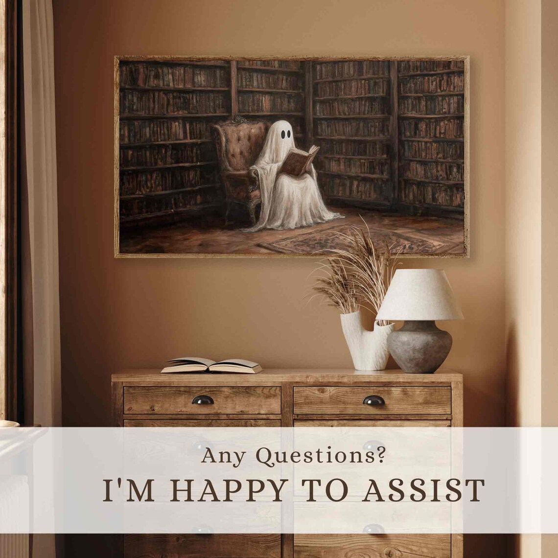 Spooky Halloween Ghost in Vintage Library Art Print - Image 2