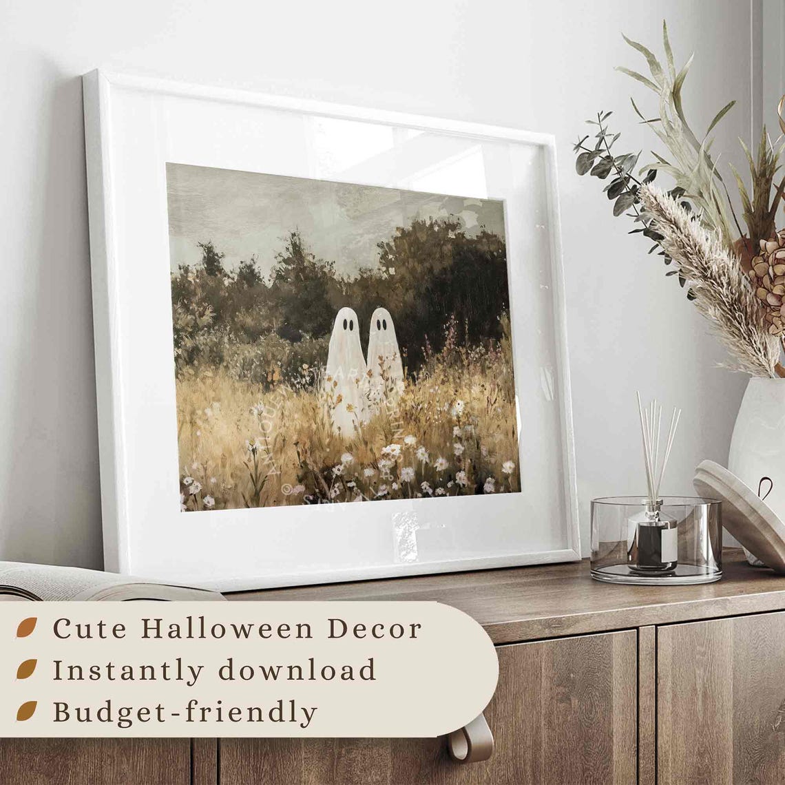 Cute Ghost In A Wildflower Field Painting Farmhouse Halloween Decor Fall Prints Halloween Wall Art Print A339 - Image 3