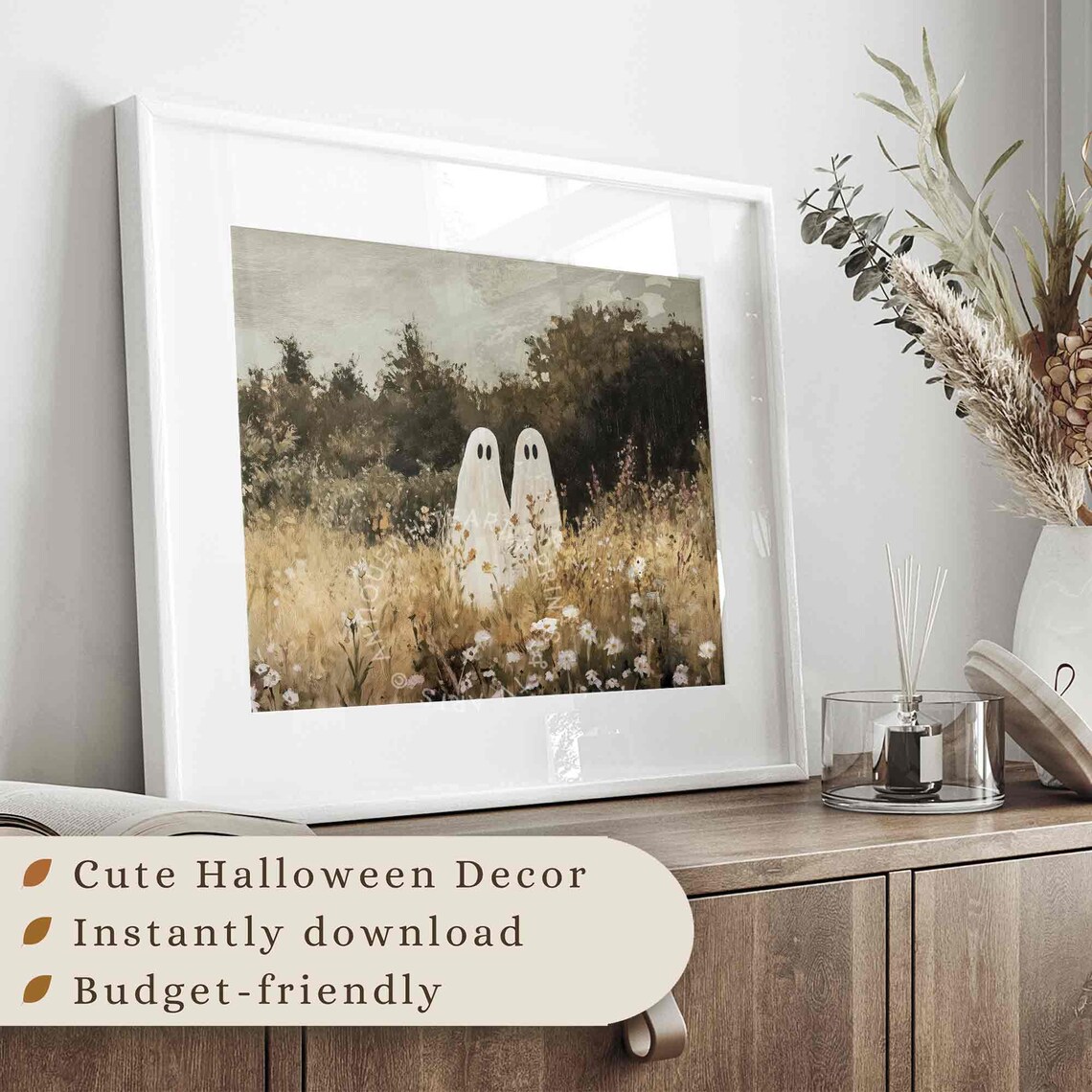 Cute Ghosts Wildflower Field Daisies Vintage Fall Meadow Halloween Poster - Image 3