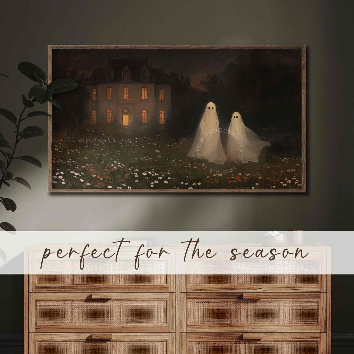 Two Ghosts In Wildflower Meadow Before Lit Manor At Night Spooky Art Poster - Image 2