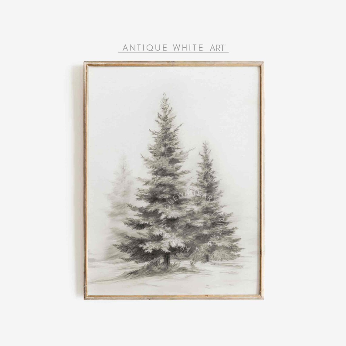 Winter Farmhouse Christmas Sketch Pine Trees Art Print