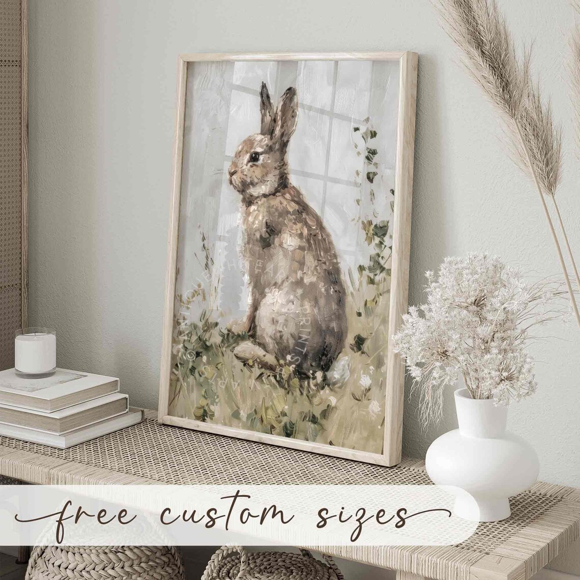 Vintage Rabbit Oil Painting Brown Bunny in Grass Animal Wall Print - Image 2