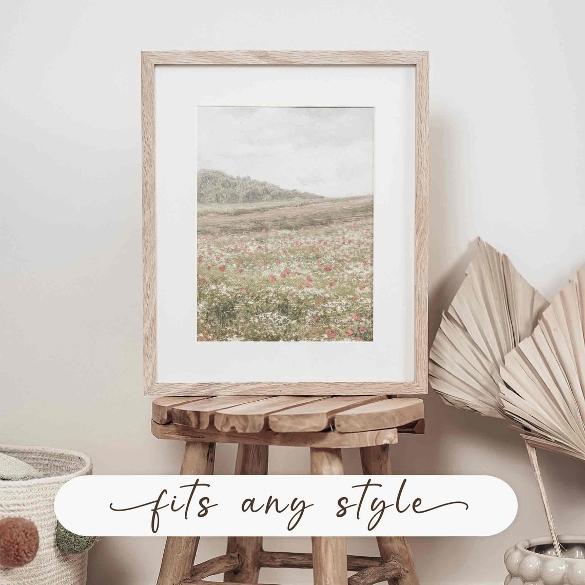 Vintage Wildflower Meadow Rolling Hills Pink Bloom Art Wall Print - Image 2