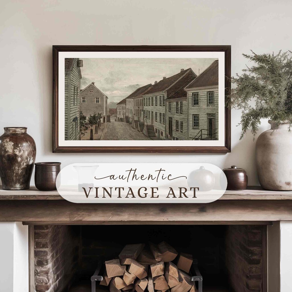 Old Town Cobblestone Street White Houses Vintage Europe Wall Art Print - Image 4