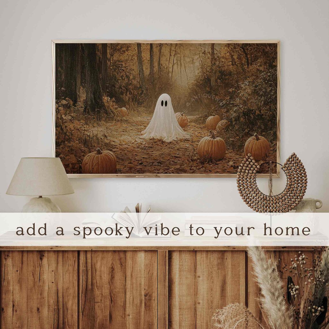 Sheet Ghost In Moody Autumn Forest Among Pumpkins Vintage Fall Halloween Poster - Image 4